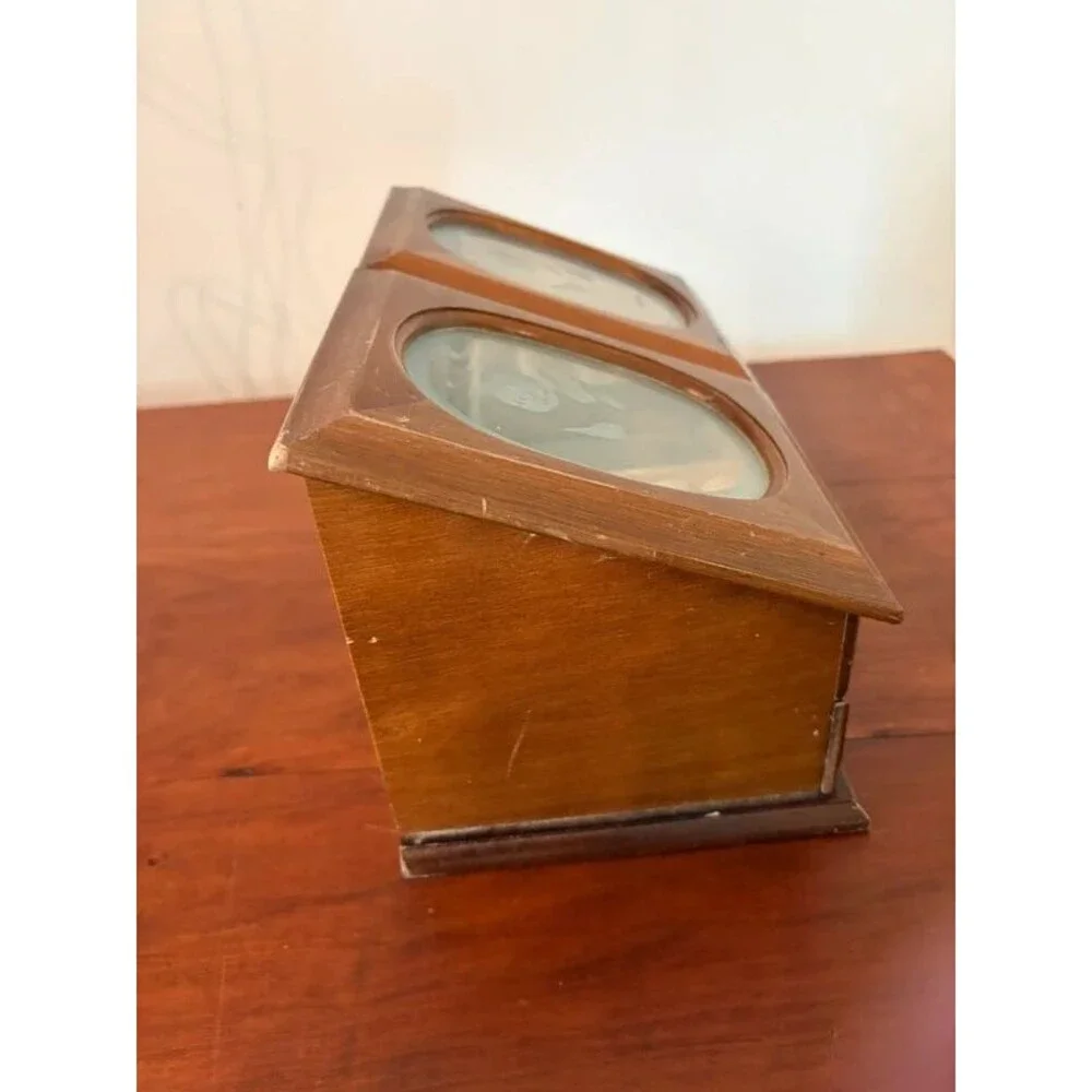 Vintage Wood Jewelry Box Double Etched Glass Rose Lids